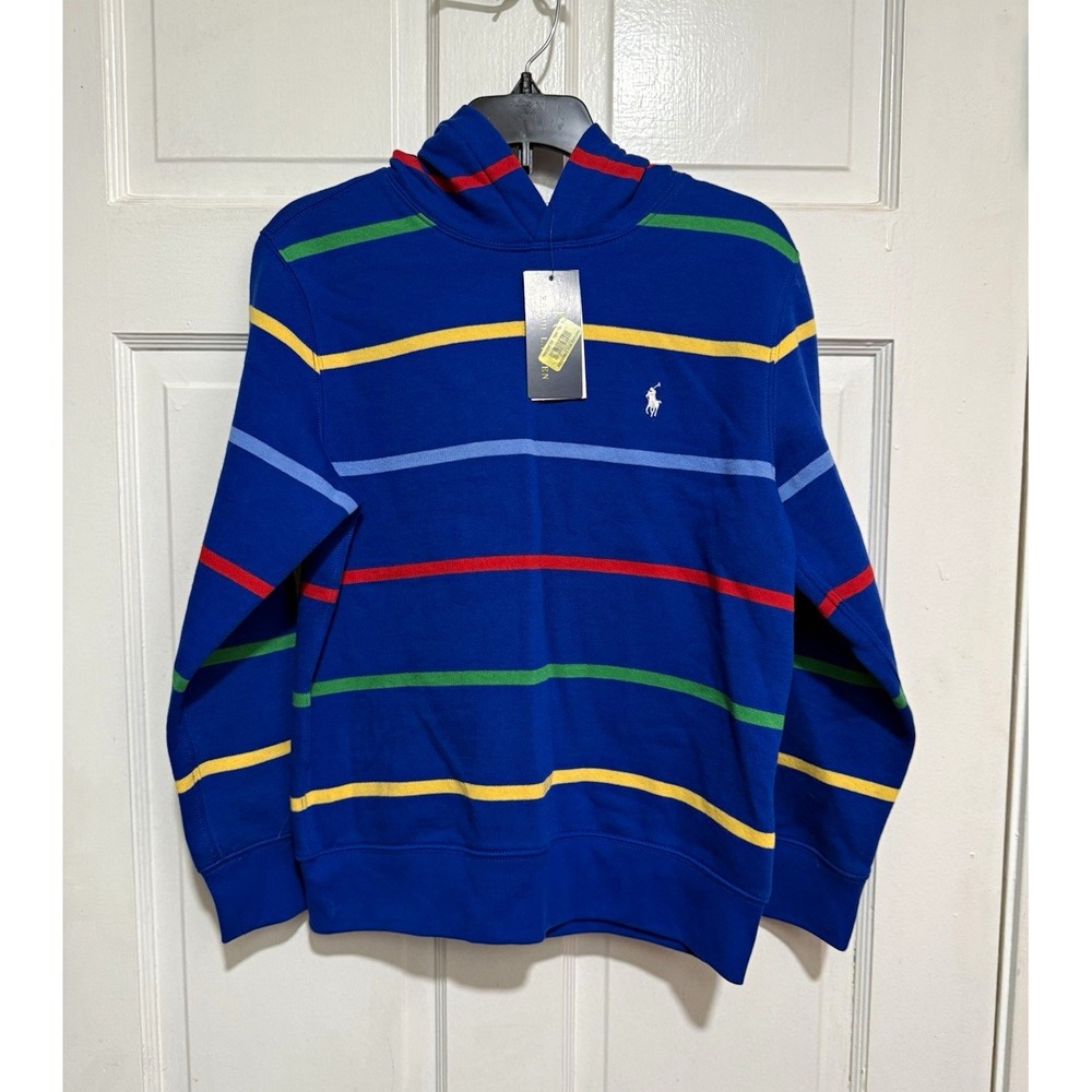 Polo Ralph Lauren Boys Striped Pullover Hoodie Blue Multi Fleece Logo M 10-12